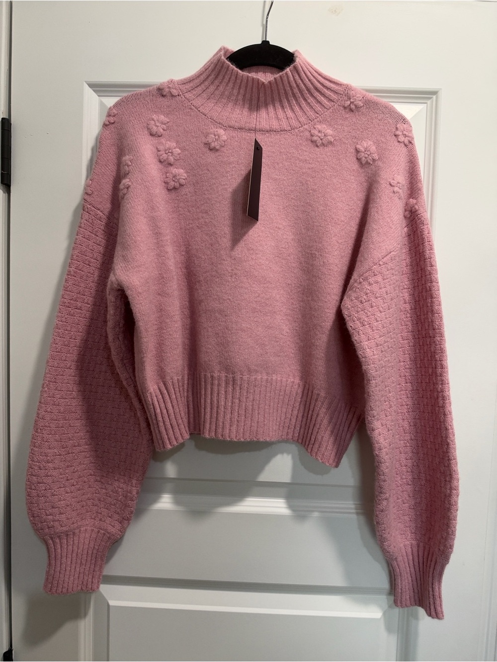 Women's Pink Mock Neck Floral Detail w/ Ballon Sleeves Sweater